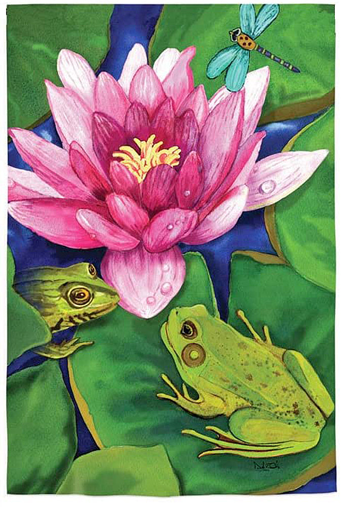 Friendly Frogs on a Lily Pad Garden Flag