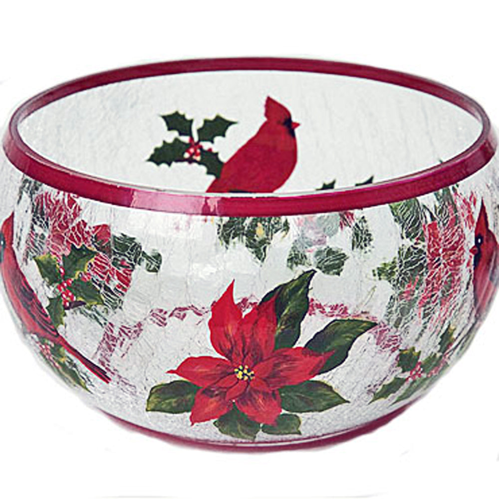 Hand Painted Glass Bowl With Cardinal & Poinsettia Design