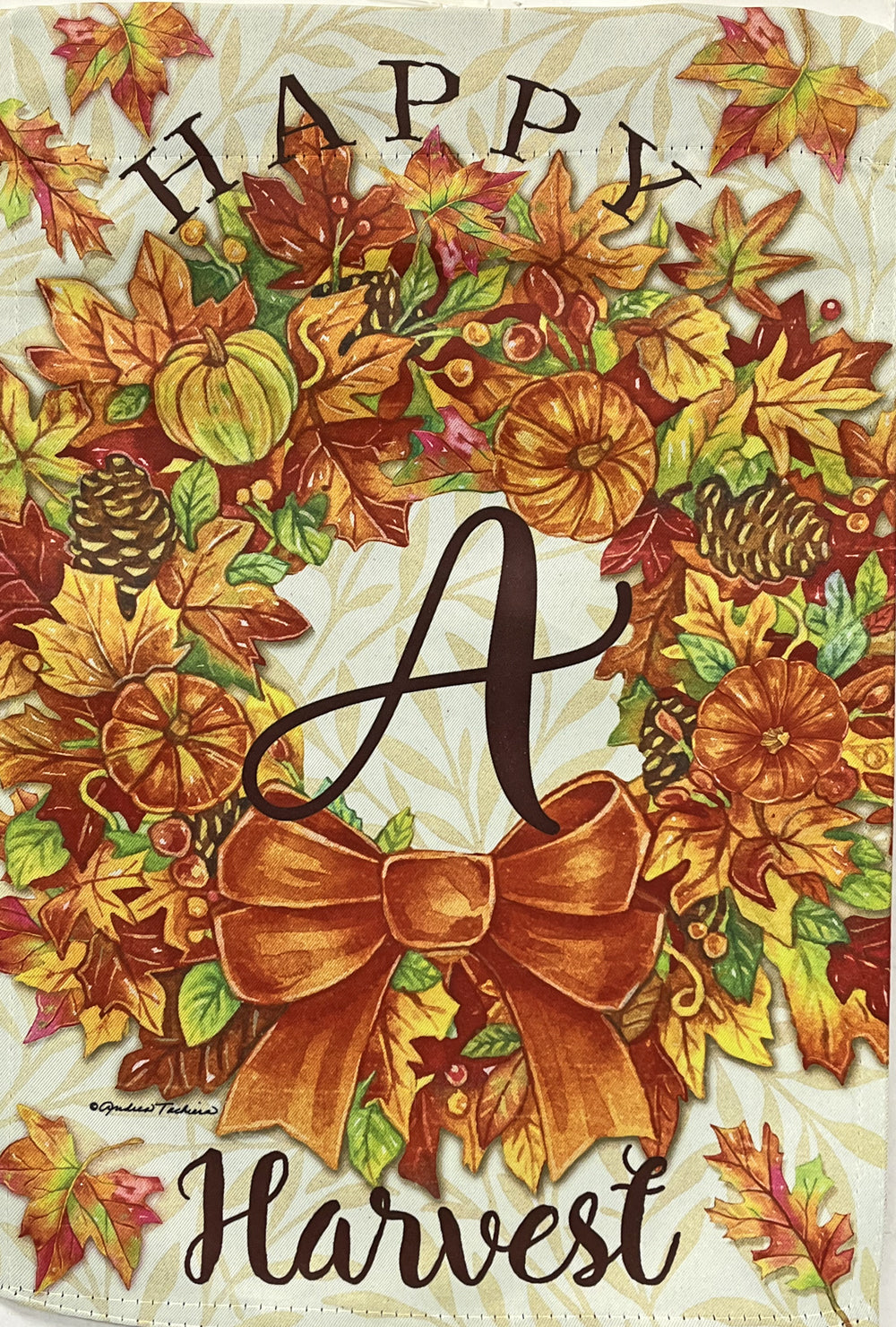 Fall Happy Harvest Monogram Wreath Flag Letter “A”