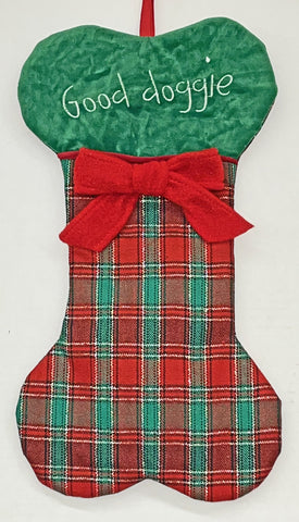 Goodie Doggie Plaid Christmas Stocking Green