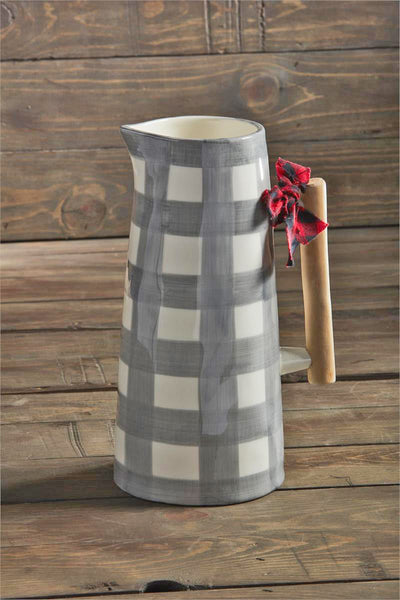 Mud Pie Gray Check 60 oz. Ceramic Pitcher With Wood Handle