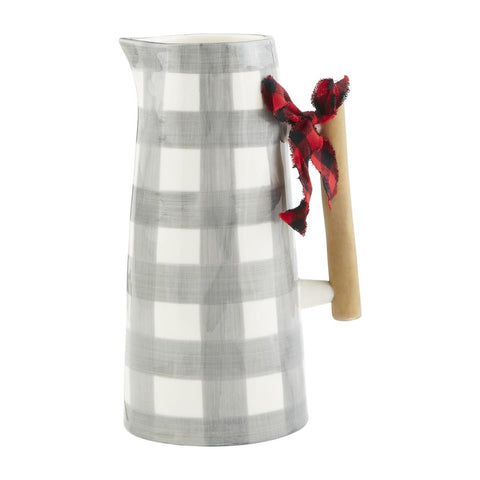 Mud Pie Gray Check 60 oz. Ceramic Pitcher With Wood Handle