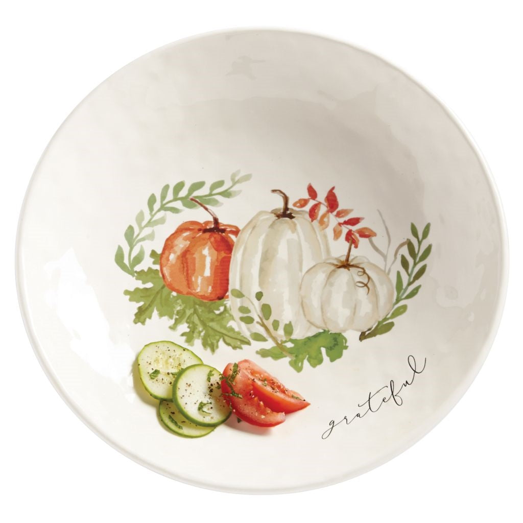 "Grateful" Pumpkin and Vine Pasta or Salad Mottled Ceramic Serving Bowl 14"