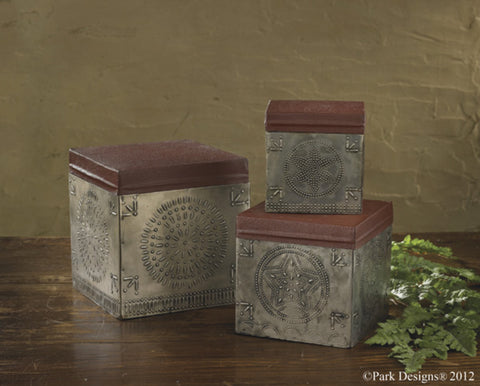 Punched Tin Decorative Metal Storage Boxes - Set of 3