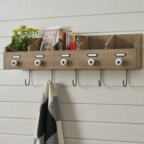 Rustic Wood Hanging File Box With Hooks