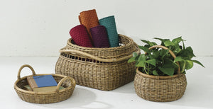 Artisan Hand Woven Baskets With Rattan Pole Handles Set of 3