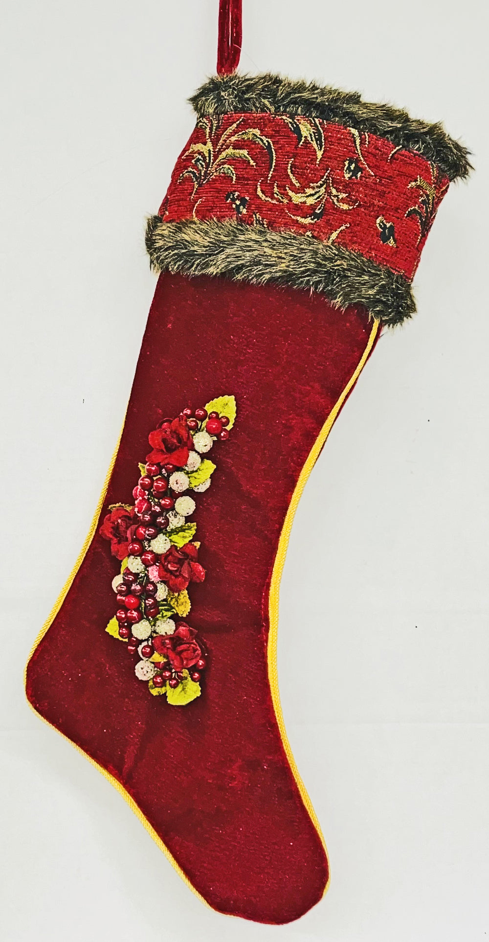 Embroidered Burgundy Christmas Stocking With Faux Fur & Berry Trim
