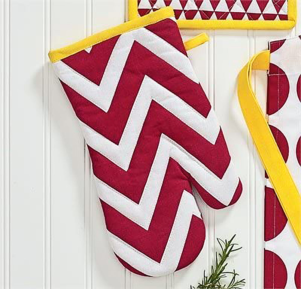 Red, White and Yellow Geometric Print Cotton Oven Mitts Set of 2