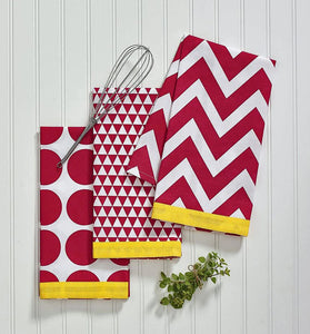 Red, White and Yellow Geometric Print Cotton Kitchen Towels Set of 3