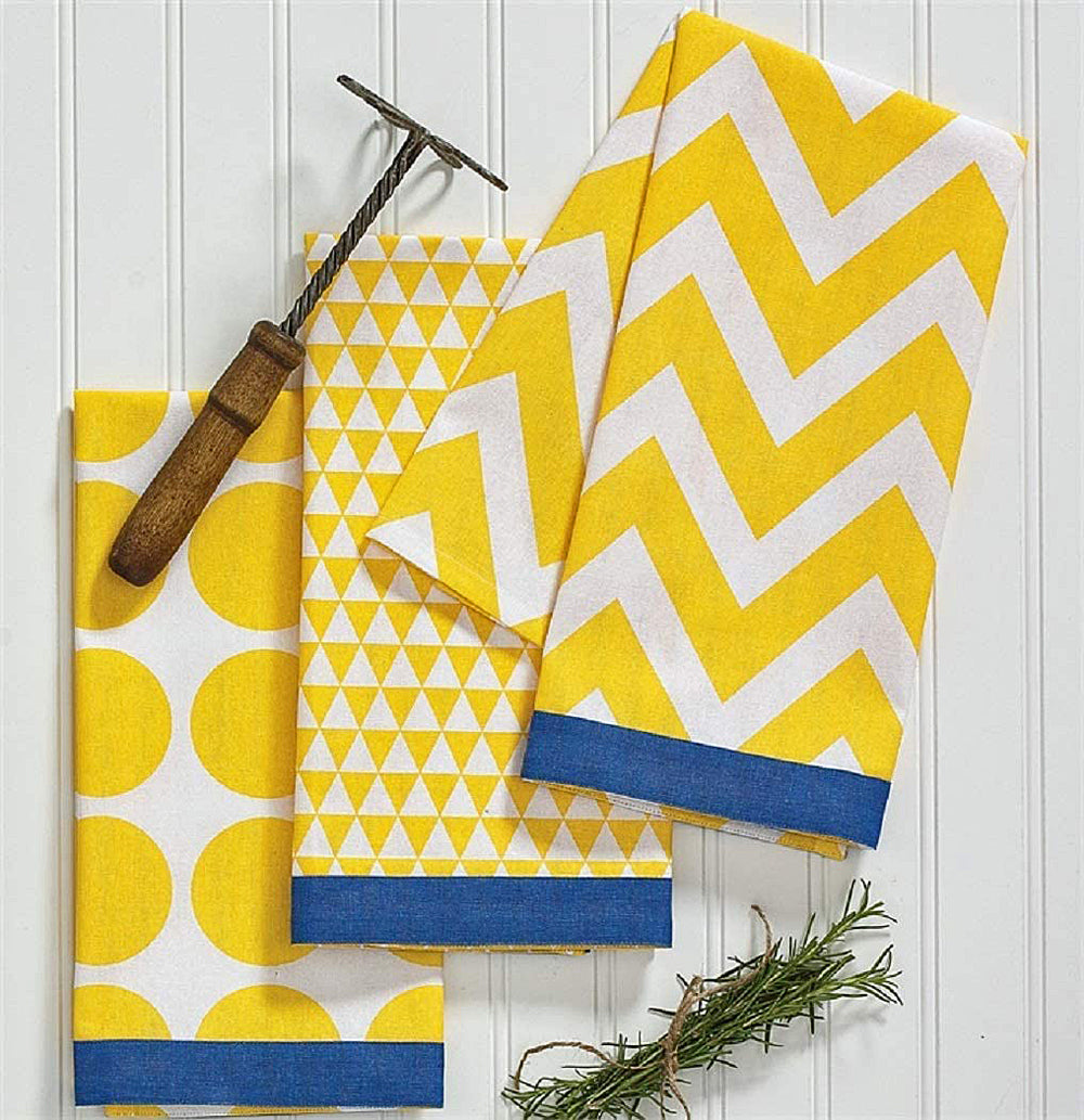 Yellow, White and Blue Geometric Print Cotton Kitchen Towels Set of 3